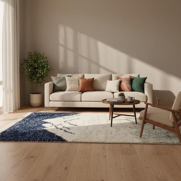 Translation missing: es.Artistic wool Berber rug inspired by Atlas Mountains, neutral Moroccan carpet with fringes