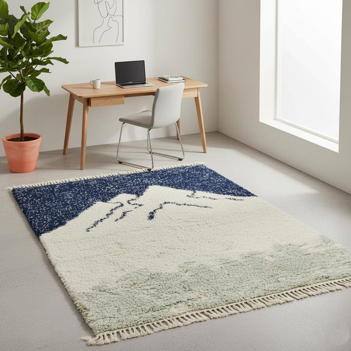 Translation missing: es.Handwoven Moroccan shag rug, natural wool mountain design, large boho minimalist area rug for cozy home spaces
