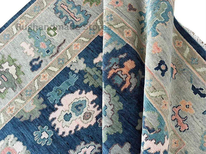 Translation missing: en.Handmade blue and gray Oushak wool rug with intricate floral Turkish knot design for living room décor