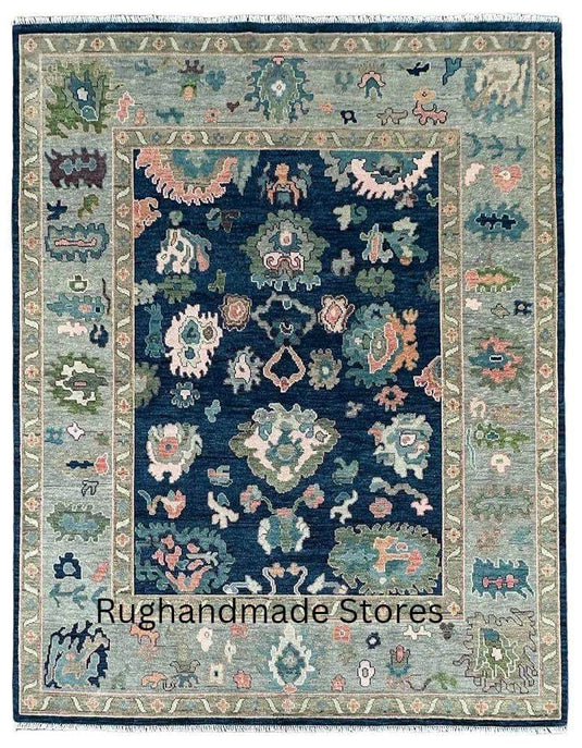 Translation missing: en.Handmade Oushak wool rug with blue and gray floral design, traditional Turkish knot, 8x10 area rug for living room decor