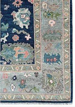 Translation missing: en.Handmade Oushak wool rug in blue and gray with floral Turkish knot design for living room decor