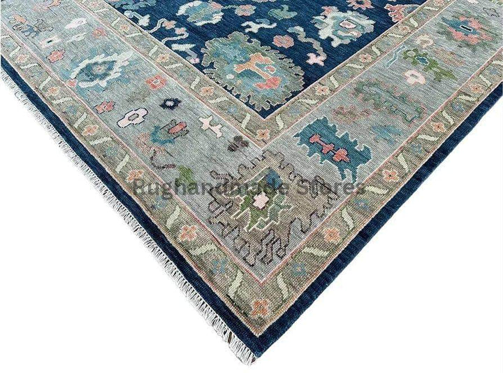 Translation missing: en.Handmade Oushak wool rug in blue and gray with intricate floral Turkish knot design for living room decor