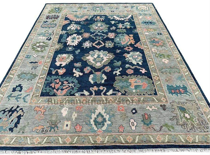 Translation missing: en.Handmade Oushak wool rug in blue and gray with intricate floral Turkish knot design, vintage 8x10 area rug for living room decor