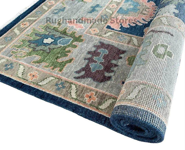Translation missing: en.Handmade Oushak wool rug in blue and gray with intricate floral Turkish knot design, 8x10 area rug for living room decor