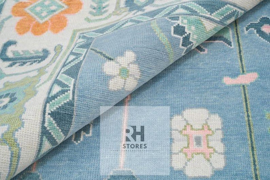 Translation missing: es.Handmade Oushak Wool Rug: Blue, Orange &amp; White Turkish Knot Area Rug