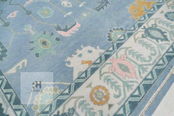 Translation missing: es.Handmade Oushak Wool Rug: Blue, Orange &amp; White Turkish Knot Area Rug