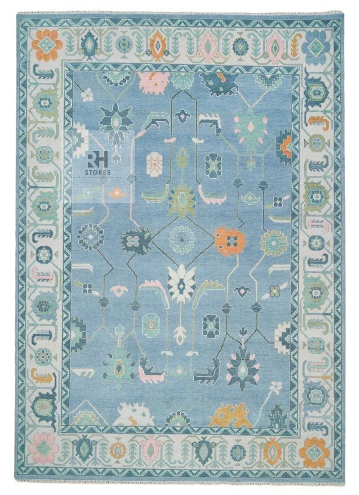 Translation missing: es.Handmade Oushak Wool Rug: Blue, Orange &amp; White Turkish Knot Area Rug