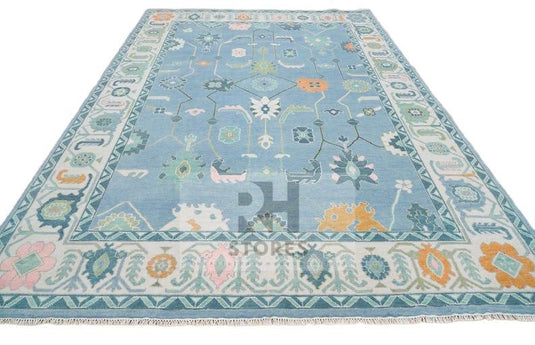 Translation missing: es.Handmade Oushak Wool Rug: Blue, Orange &amp; White Turkish Knot Area Rug