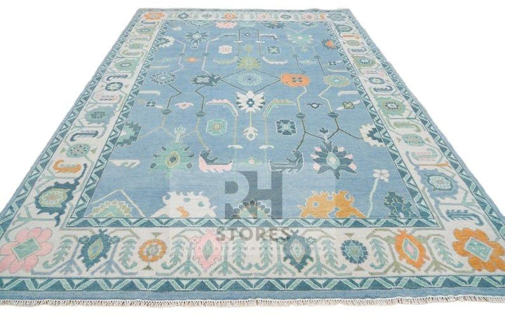 Translation missing: es.Handmade Oushak Wool Rug: Blue, Orange &amp; White Turkish Knot Area Rug