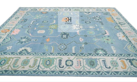 Translation missing: es.Handmade Oushak Wool Rug: Blue, Orange &amp; White Turkish Knot Area Rug