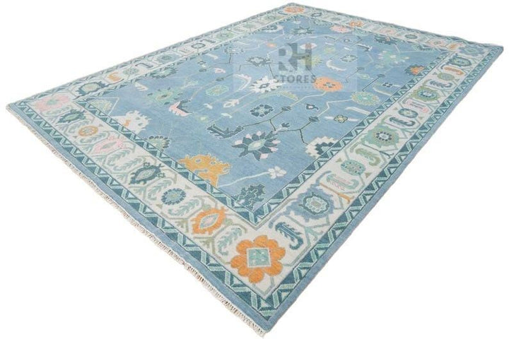 Translation missing: es.Handmade Oushak Wool Rug: Blue, Orange &amp; White Turkish Knot Area Rug