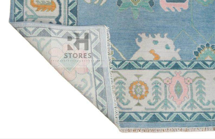 Translation missing: es.Handmade Oushak Wool Rug: Blue, Orange &amp; White Turkish Knot Area Rug