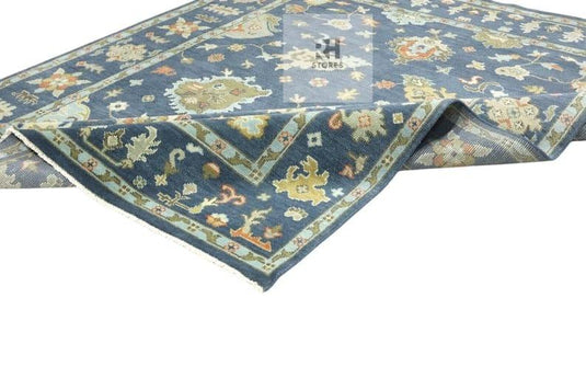 Translation missing: es.Handmade Oushak wool rug in olive green, beige, and gray with intricate floral Turkish knot design for living room decor