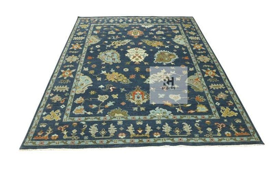 Translation missing: es.Handmade Oushak wool rug in olive green, beige, and gray with intricate floral Turkish knot design