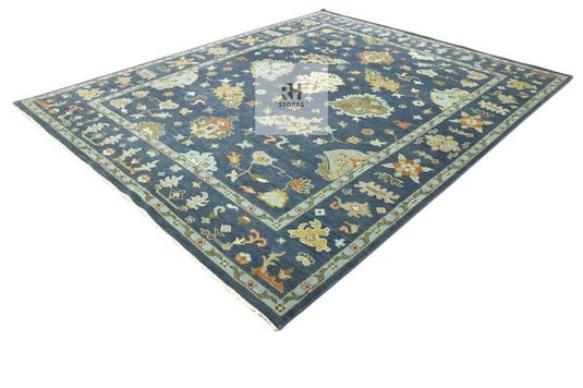 Translation missing: es.Handmade Oushak wool rug in olive green, beige, and gray with floral Turkish knot design for living room decor