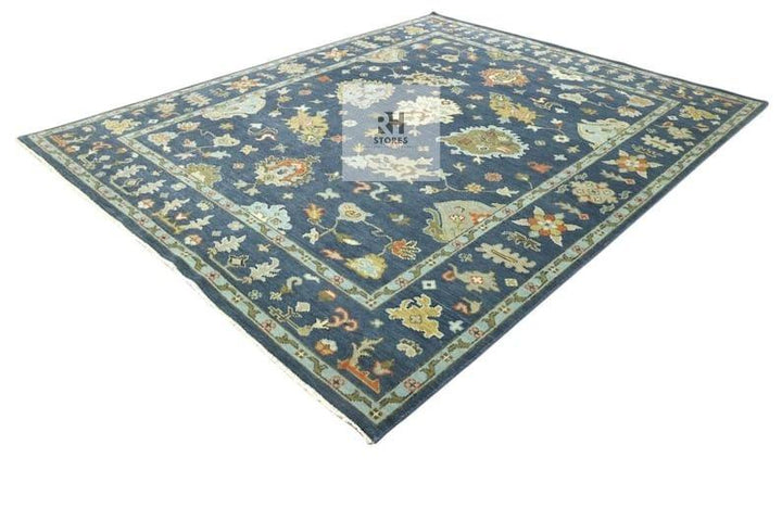 Translation missing: es.Handmade Oushak wool rug in olive green, beige, and gray with floral Turkish knot design for living room decor