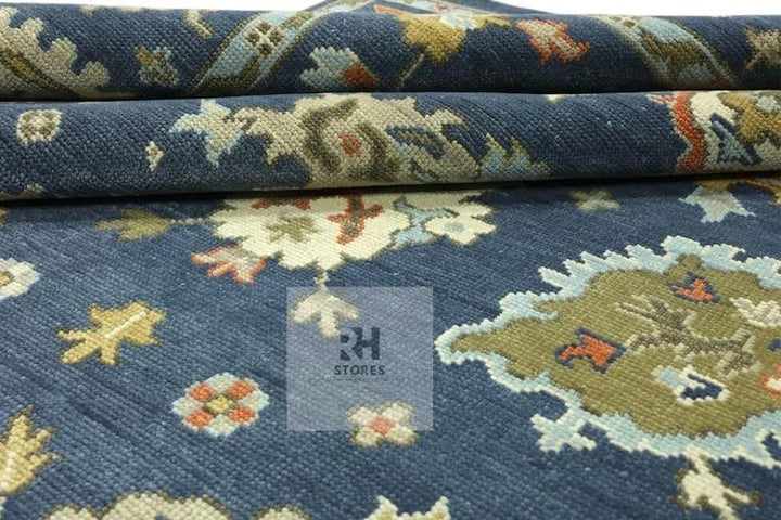 Translation missing: es.Handmade Oushak wool rug in olive green, beige, and gray with intricate floral Turkish knot design