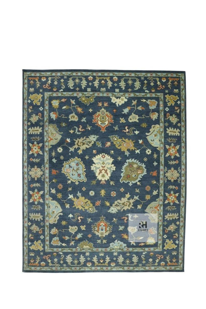 Translation missing: es.Handmade Oushak wool rug in olive green, beige, and gray with intricate Turkish knot floral design for living room decor