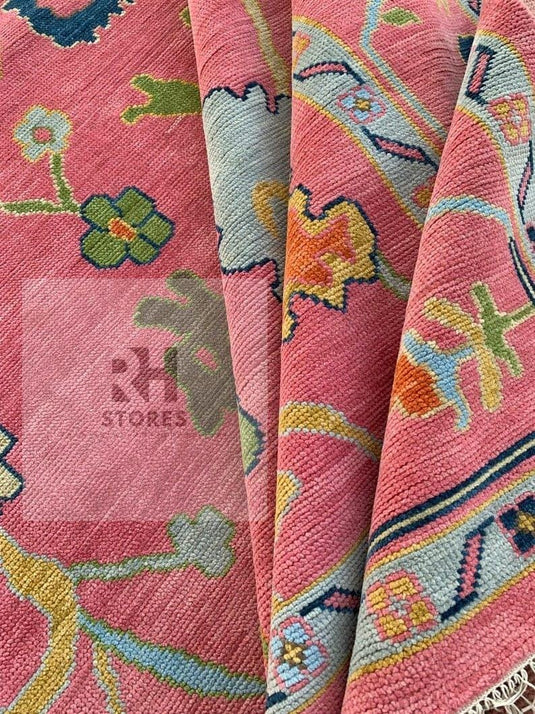 Translation missing: en.Handmade Oushak wool rug with pink and sky blue floral design, rectangular 8x10 area rug, Turkish knot craftsmanship
