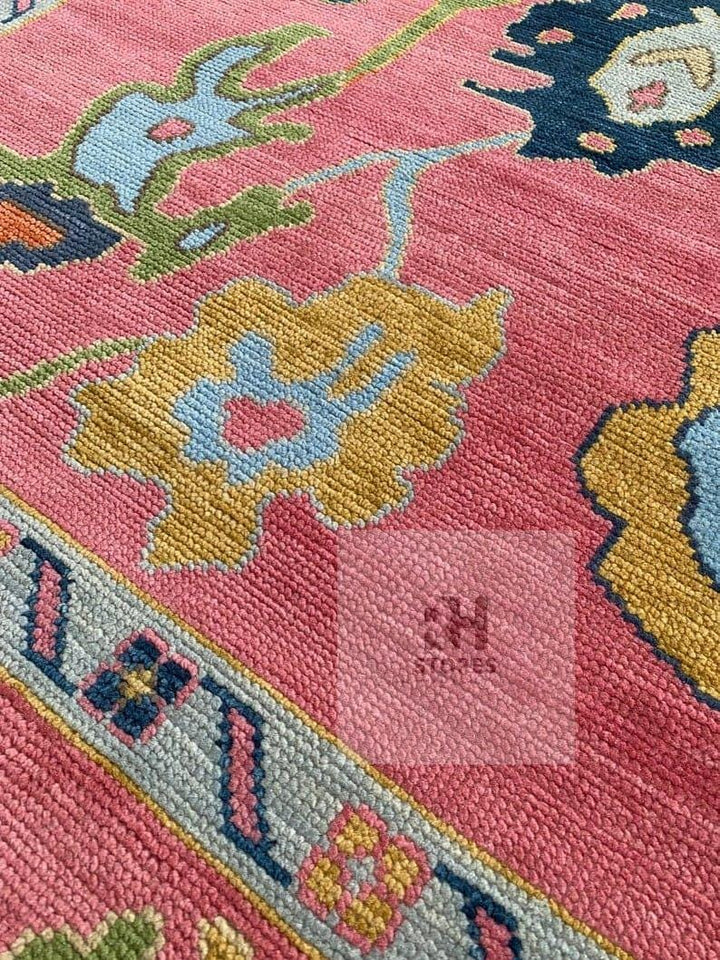 Translation missing: en.Handmade Oushak Wool Rug: Pink &amp; Sky Blue Turkish Knot, 8x10 Area Rug