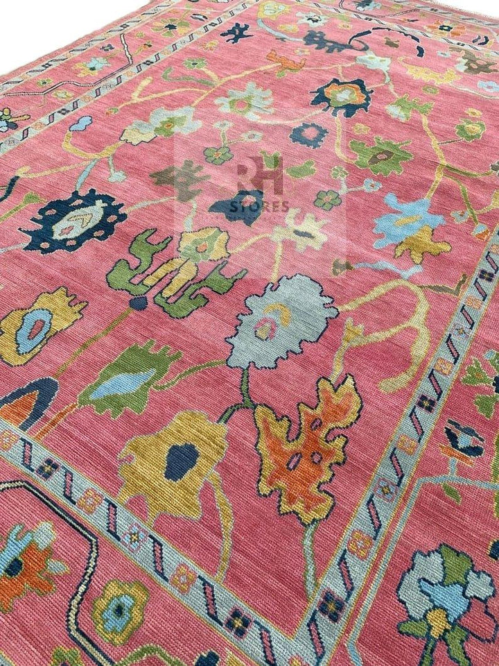 Translation missing: en.Handmade Oushak Wool Rug: Pink &amp; Sky Blue Turkish Knot, 8x10 Area Rug