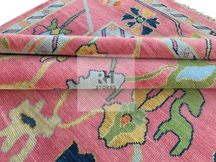 Translation missing: en.Handmade Oushak Wool Rug: Pink &amp; Sky Blue Turkish Knot, 8x10 Area Rug