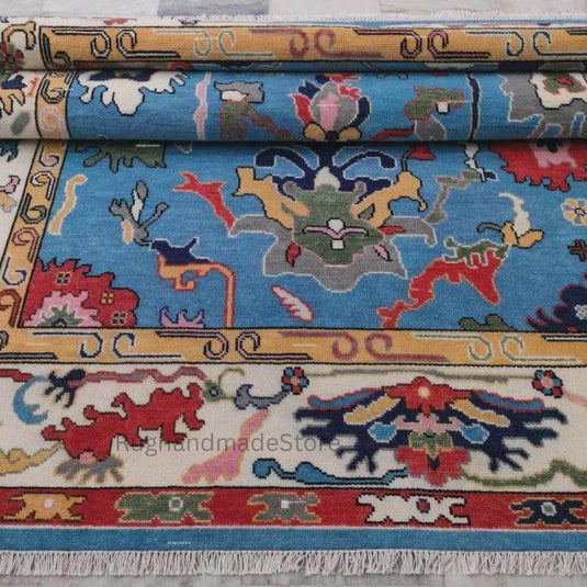 Translation missing: es.Handmade Oushak wool rug in dark blue with traditional Turkish floral design, 8x10 area rug