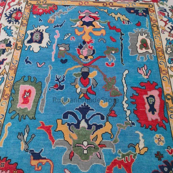 Translation missing: es.Handmade Oushak wool rug with dark blue floral design, Turkish knot, 8x10 area rug for living room decor