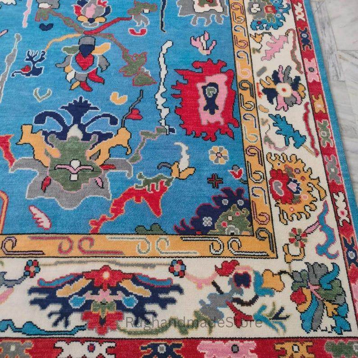 Translation missing: es.Handmade Oushak wool rug with dark blue Turkish knot design in 8x10 size