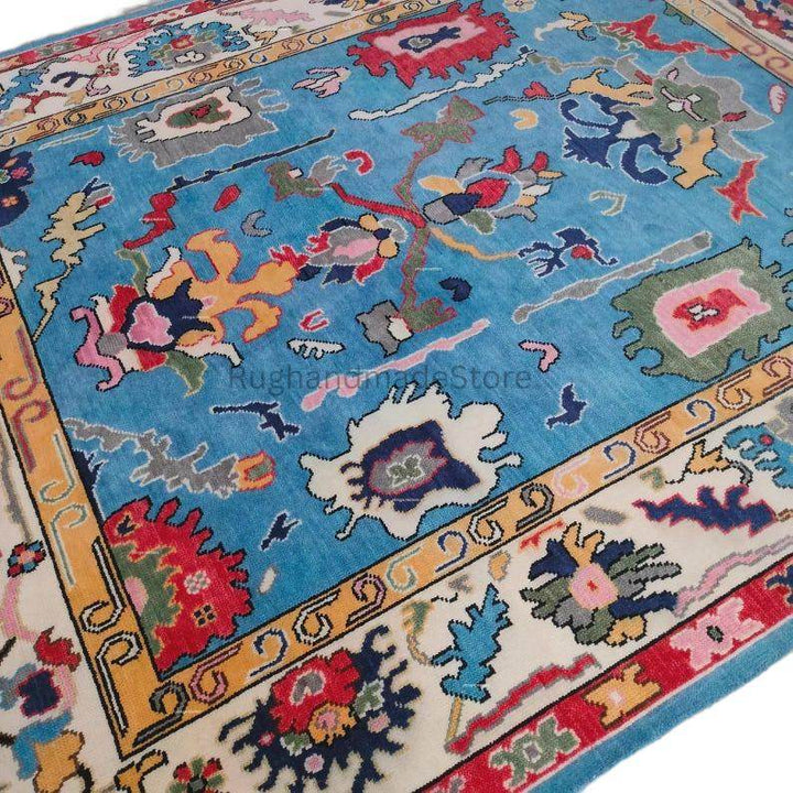 Translation missing: es.Handmade Oushak wool rug in dark blue with traditional Turkish knot design, 8x10 area rug for living room decor