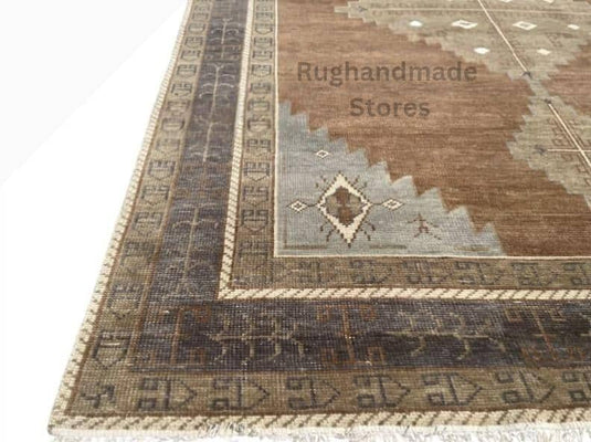 Translation missing: es.Handmade Oushak wool rug in vintage brown and beige with floral Turkish knot design, 8x10 feet
