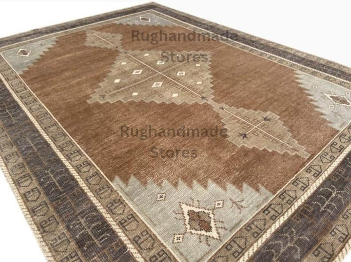 Translation missing: en.Handmade Oushak wool rug with vintage Turkish knot design in brown and beige, 8x10 area rug