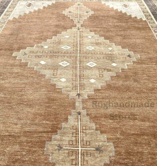 Translation missing: es.Handmade Oushak wool rug vintage Turkish knot brown beige 8x10 living room decor