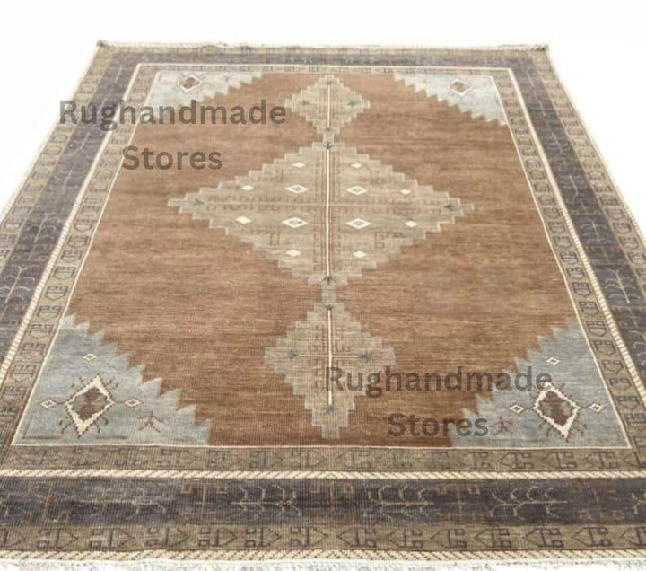 Translation missing: en.Handmade Oushak wool rug in brown and beige with intricate Turkish floral design, 8x10 feet, vintage style