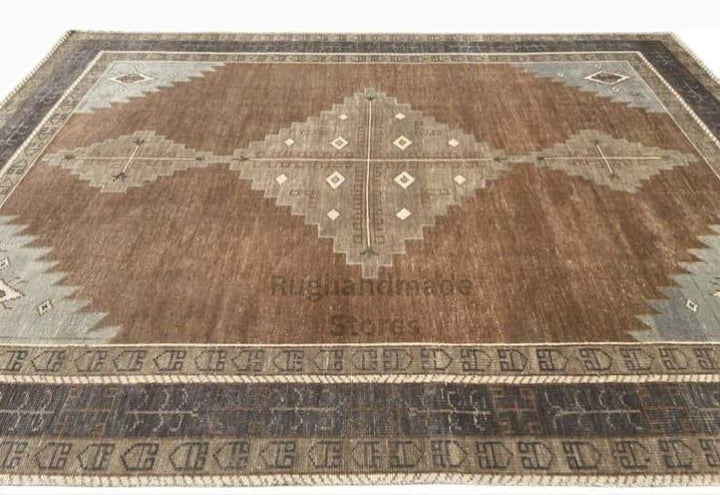 Translation missing: en.Handmade Oushak wool rug with vintage Turkish knot design in brown and beige, 8x10 feet