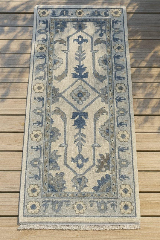 Translation missing: es.Handmade Oushak wool runner rug in ocean blue, green, ivory with floral design, 2.6x7 ft
