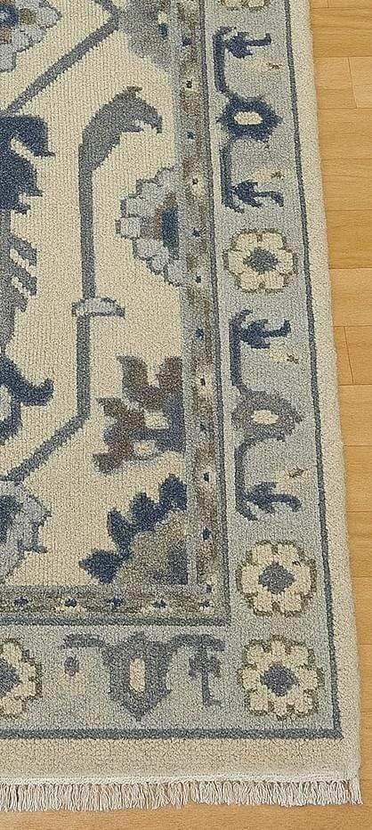 Translation missing: es.Handmade Oushak wool runner rug in ocean blue, green, and ivory with floral design, 2.6x7 ft