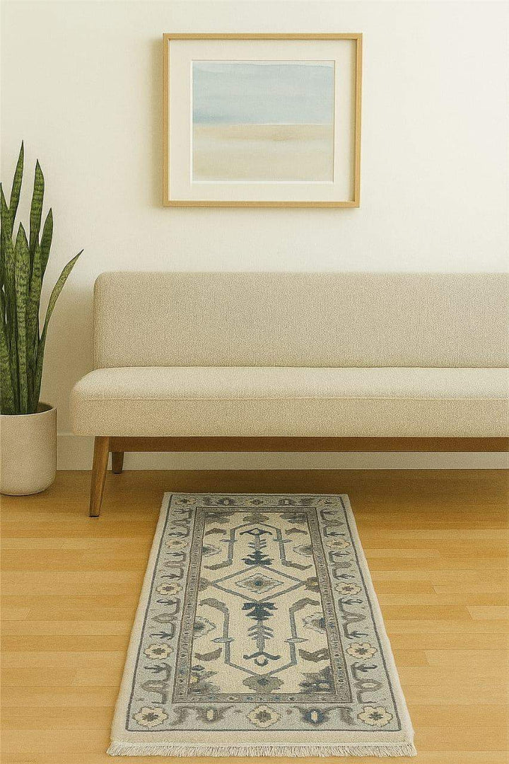 Translation missing: es.Handmade Oushak wool runner rug with ocean blue, green, ivory floral design, 2.6x7 ft, rectangular luxury hallway runner