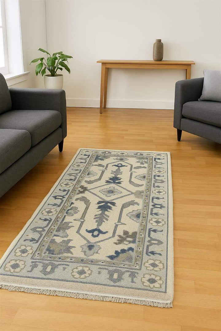 Translation missing: es.Handmade Oushak wool runner rug in ocean blue, green, and ivory floral design, 2.6x7 ft, rectangular shape