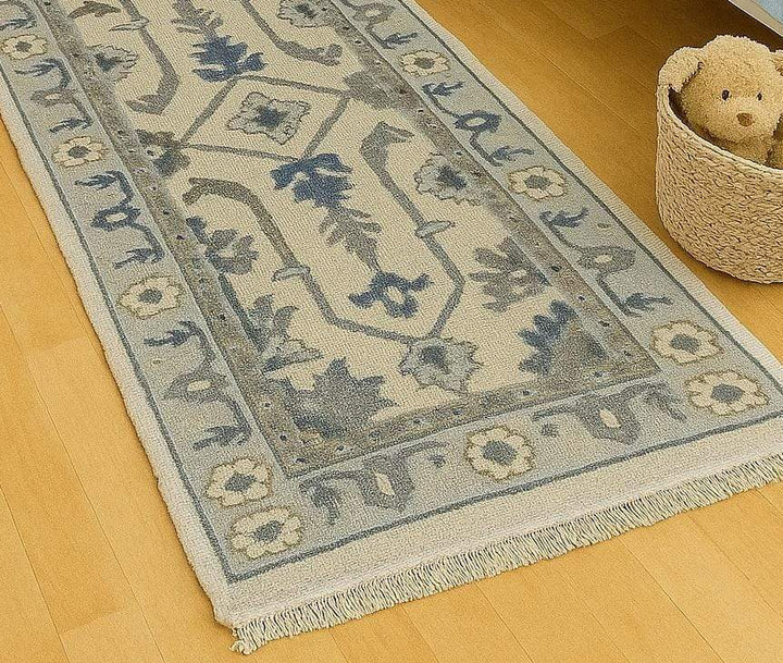 Translation missing: es.Handmade Oushak wool runner rug with ocean blue, green, ivory floral design, 2.6x7 ft, wool, knotted craftsmanship