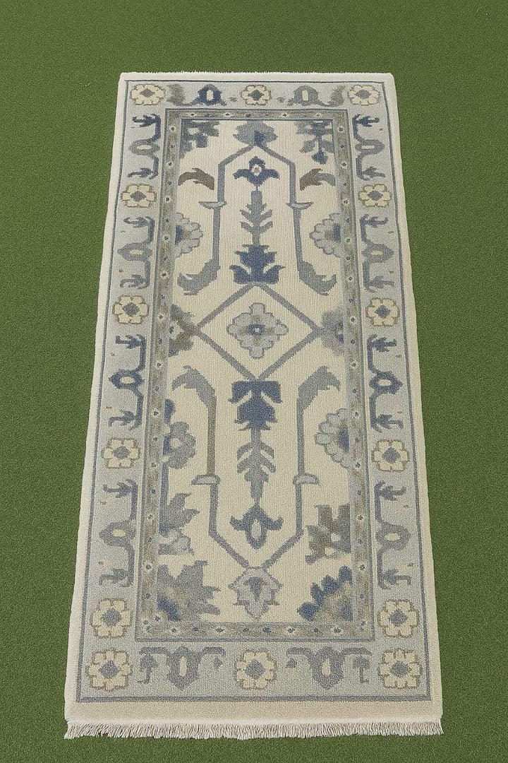 Translation missing: es.Handmade Oushak wool runner rug with ocean blue, green, ivory floral pattern, 2.6x7 ft, handcrafted for luxury hallway decor