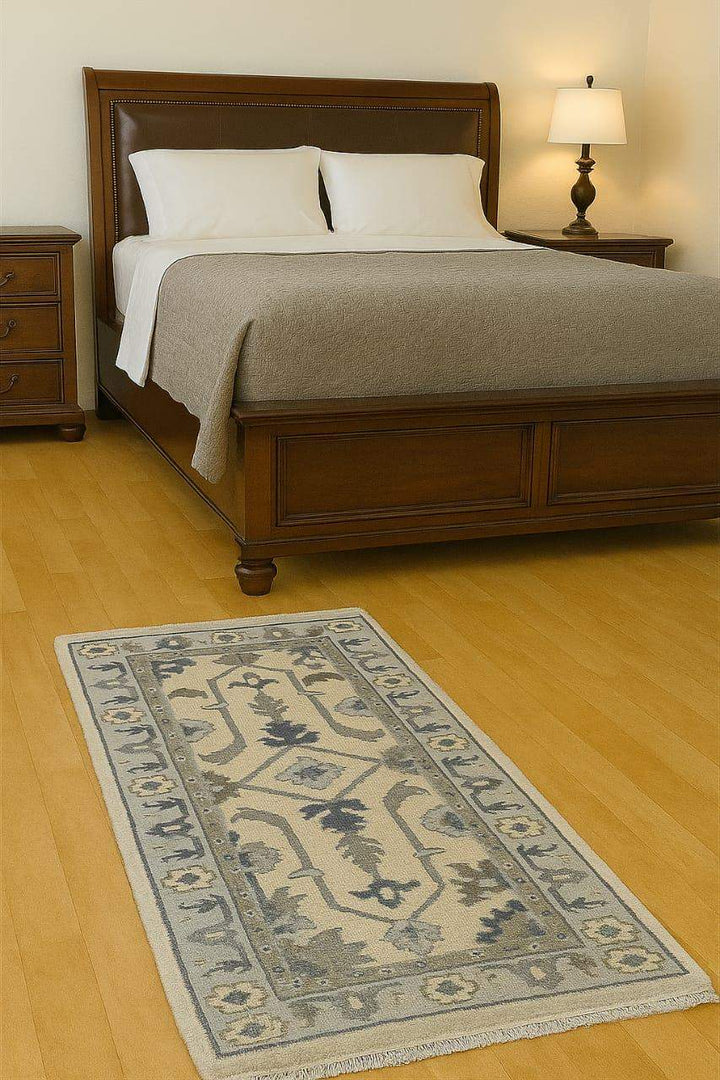 Translation missing: es.Handmade Oushak wool runner rug with ocean blue, green, ivory floral design, 2.6x7 ft, wool and orange accents