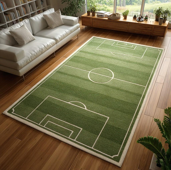 Translation missing: es.Handmade green tufted wool soccer field rug for kids playroom, rectangular 5x10 area carpet