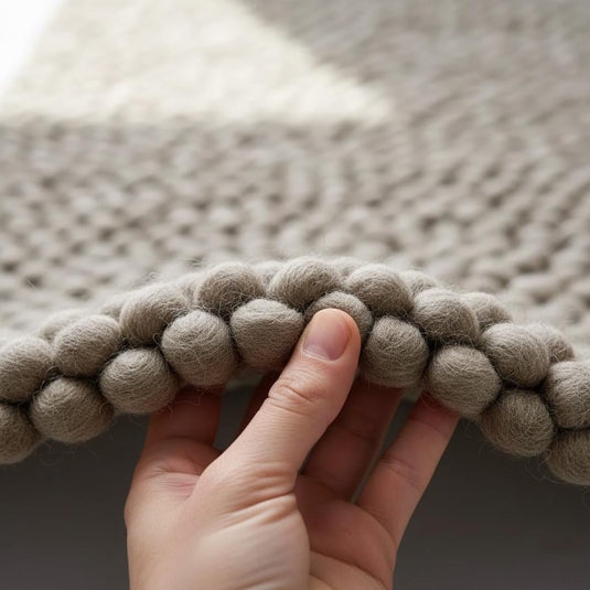Translation missing: es.Handmade taupe felt ball rug with chunky wool pom-poms in a rectangular shape