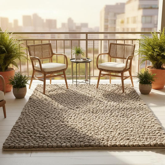 Translation missing: es.Taupe chunky wool pom pom mat photographed from above — textured felt ball rug ideal for nursery, hallway or layered styling