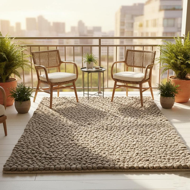 Translation missing: en.Taupe chunky wool pom pom mat photographed from above — textured felt ball rug ideal for nursery, hallway or layered styling