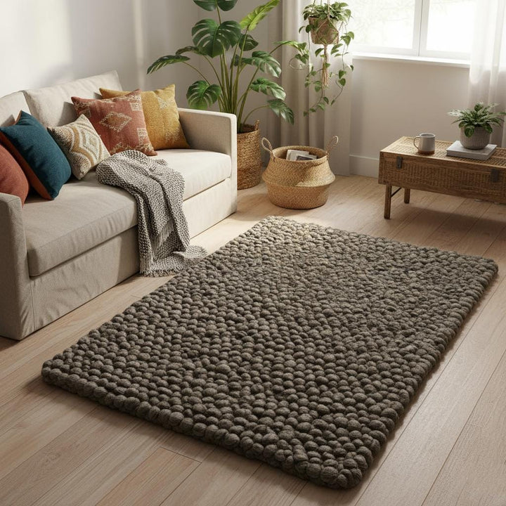 Translation missing: en.Handmade felt ball rug (rectangular) in neutral taupe with small dense pom-pom construction — soft tactile floor accent for cozy interiors