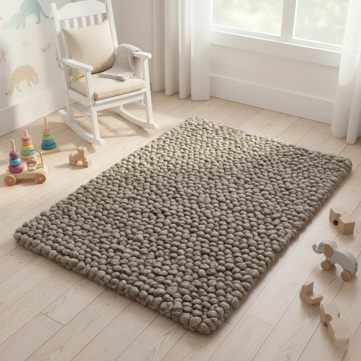 Translation missing: en.Neutral taupe felt ball floor mat, rectangular shape, chunky wool pom-pom texture — eco-friendly handmade rug for entryway or living room