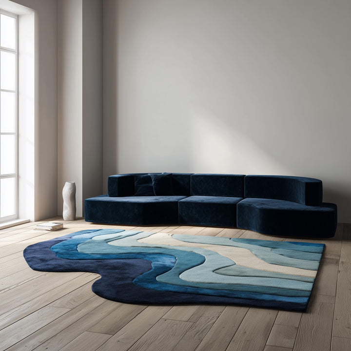 Translation missing: en.Handmade Tufted Wool Area Rug: Abstract Wave Design, Blue &amp; Cream - 5x8 ft
