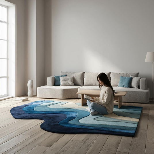 Translation missing: en.Handmade Tufted Wool Area Rug: Abstract Wave Design, Blue &amp; Cream - 5x8 ft